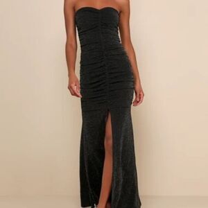 Lulus Black Glitter Ruched Strapless Maxi Dress Front Slit Womens Size Large NWT